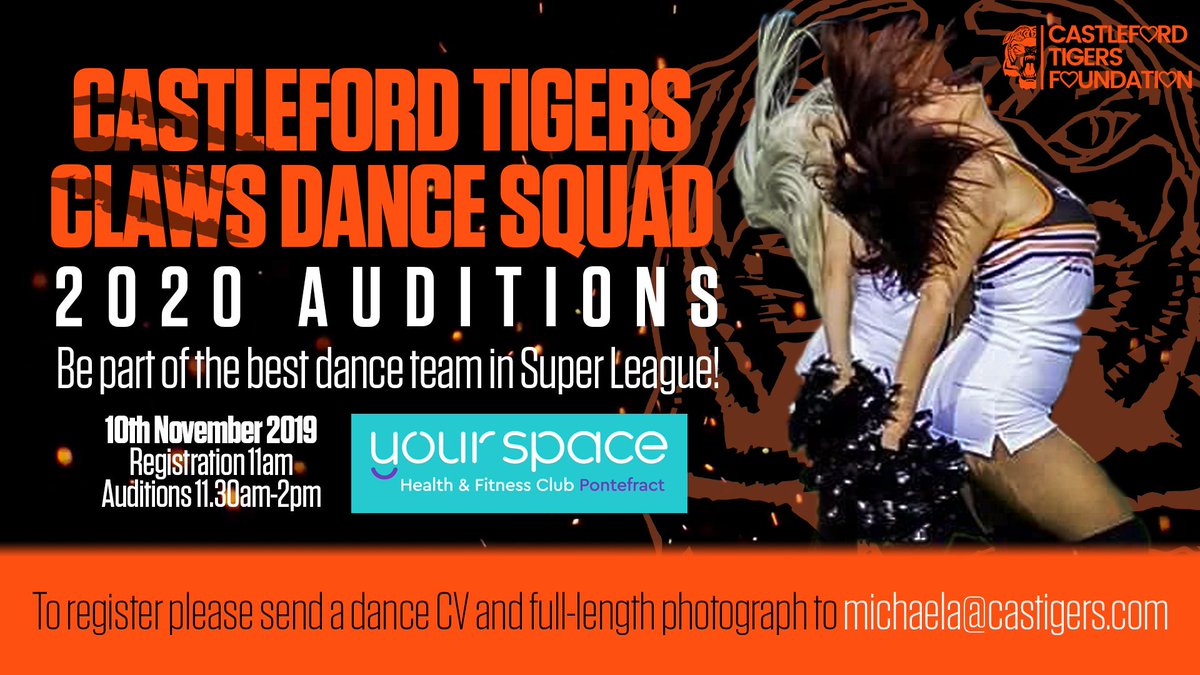 💃 Tomorrow our <a href="/CastlefordClaws/">The Claws</a> are holding their 2020 auditions 
<a href="/yourspacegyms/">Your Space</a> Pontefract! If you want to join the best dance team in Super League send a dance CV and full length photo to michaela@castigers.com! #COYF

<a href="/CTRLFoundation/">Castleford Tigers Foundation</a>