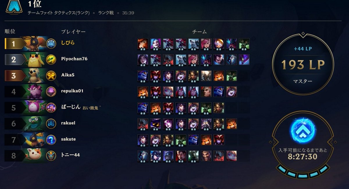 しびら スコア 6 1 4 4 6 1 3 1 6 5 3 7 2 6 7 1 2 5 2 4 4 4 4 3 4 3 2 1 Lp193で終了です チャレ2前後なのでおわり 一応最後の試合始まったけど多分無効試合