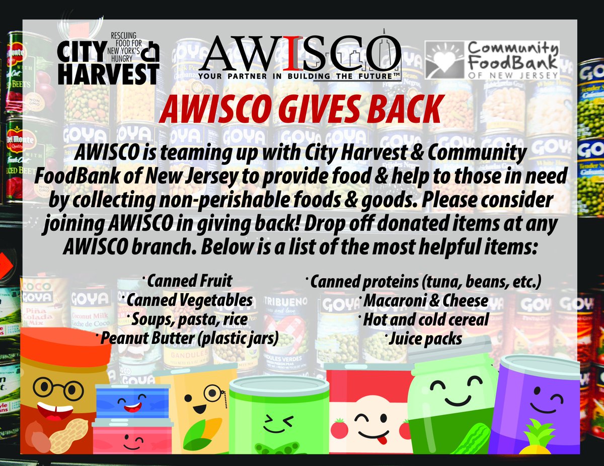 AwiscoWelding's tweet photo. AWISCO is teaming up with @cityharvestnyc &amp; @cfbnj to provide food &amp; help those in need by collecting non-perishable food &amp; goods. Please join us in giving back by donating at any AWISCO branch! 🥫💌 https://t.co/C1eyzqMuf5