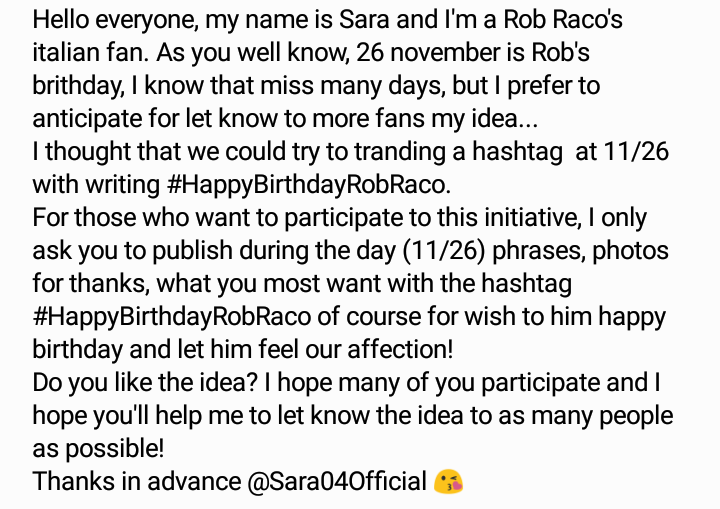 Sara04Official's tweet photo. I hope many of you participate and I hope you'll help me to let know the idea to as many people as possible!
Thanks in advance @Sara04Official 😘 #HappyBirthdayRobRaco #RobRaco @robraco @dailyraco @racosdrums @raco_life @ssstupidraco @raco_fan @bestofrobraco https://t.co/l2oaLOwKbZ