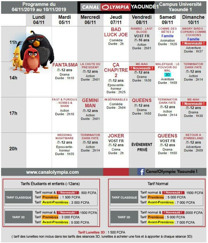 HyacintheBAYOKE's tweet photo. PROGRAMME DE LA SEMAINE #CANALOLYMPIA YAOUNDÉ NGOA EKELLE
#MOVIEADDICTED
#DOPE
#YAOUNDECESTLAMAGIE
#YCLM
#YDEOUT
#237COMMUNITY https://t.co/X85ry186AX