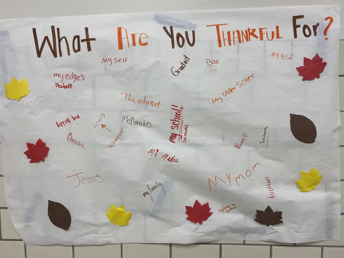 Paige_Pitt's tweet photo. Howe students are sharing what they’re grateful for this month. So far we are thankful for everything from “Bae” to “My School” 🧡🧡🧡 @TCHoweHS @2wiceCOLD @ByronErnest @NobleEduInit https://t.co/Rq1RRi1KT1
