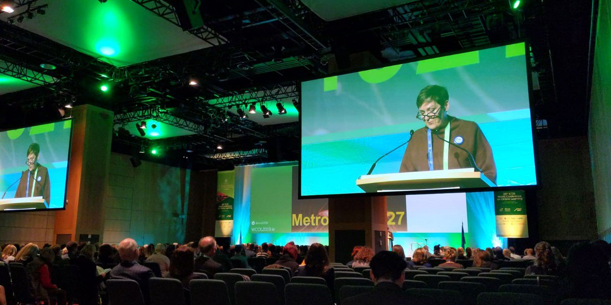 HiberniaCollege's tweet photo. John Lenehan our Research & Development Lead listening to Professor Belinda Tynan, President of the The International Council for Open and Distance Education (ICDE) giving her keynote address. #WCOL2019 #HCDigitalLearning https://t.co/zvfkVlWNNk