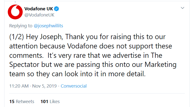 StopFundingHate's tweet photo. In case you missed it: Advertisers @NationalTheatre @VodafoneUK &amp; @Laithwaites have all now distanced themselves from the Spectator's latest article targeting British Muslims, after being contacted by #StopFundingHate supporters. Will @HSBC_UK do the same? https://t.co/drMFaJfC8a