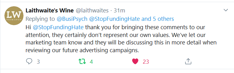 StopFundingHate's tweet photo. In case you missed it: Advertisers @NationalTheatre @VodafoneUK &amp; @Laithwaites have all now distanced themselves from the Spectator's latest article targeting British Muslims, after being contacted by #StopFundingHate supporters. Will @HSBC_UK do the same? https://t.co/drMFaJfC8a