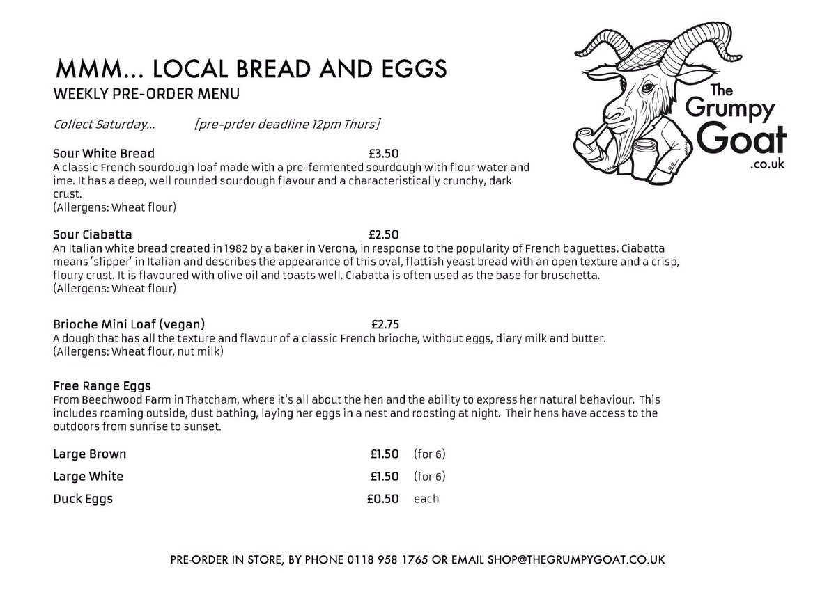 TheGrumpyGoat_'s tweet image. Time to get your bread orders in for Saturday!!! Order via phone, email or social media... 🍞 🥖 🥯 #rdguk #localbread #freshlybaked #yourlittleindie #thisgoatgrowls #berkshire #shoplocal @BeechwoodEggs #barebreadbakery