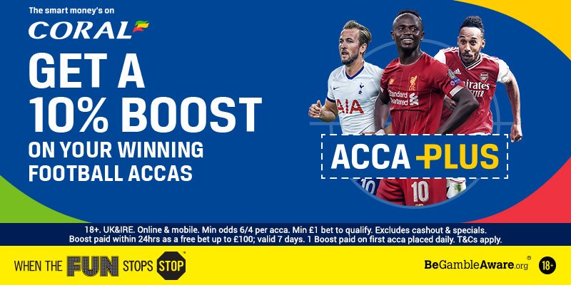 Coral's tweet photo. Plenty of football tonight and using #AccaPlus, you can get a 10% boost on your winning football accas as a free bet! ✅

Terms: https://t.co/zLvKQXCRXJ https://t.co/JNf87pzXCP