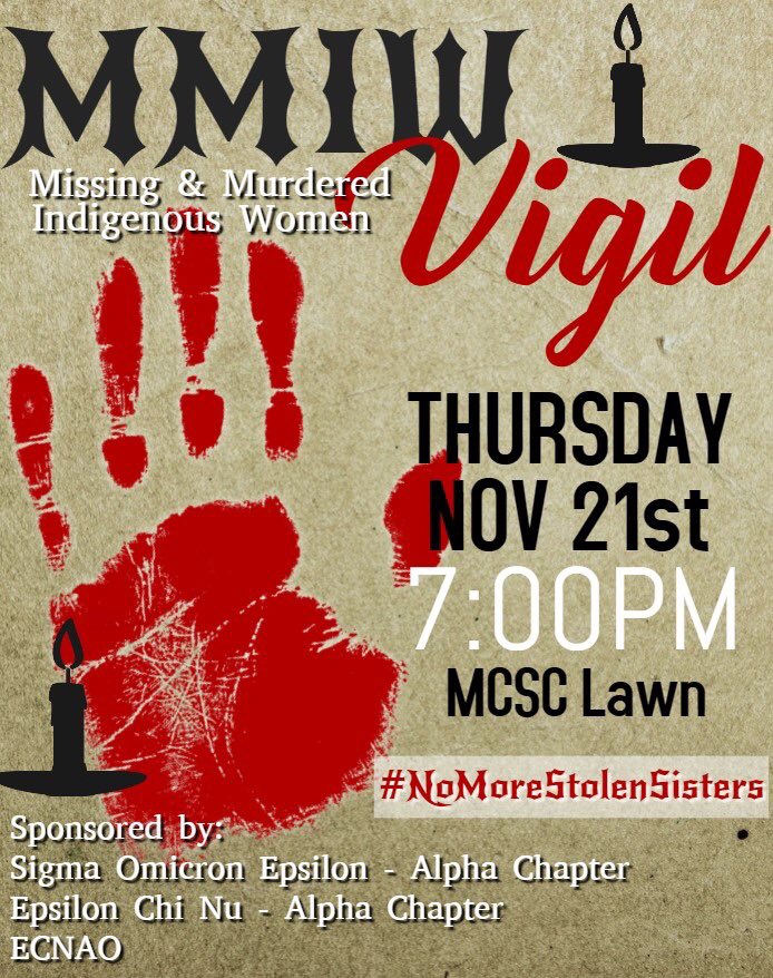 Please Join us November 21st 
As we light for our fellow Indigenous women. 
Come be informed with statistics and facts about Missing and Murdered Indigenous Women across the United States. Also, hear what our speakers will have to say! 
#MMIW #nomorestolensisters