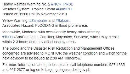 dost_pagasa's tweet photo. Heavy Rainfall Warning No. 2  #NCR_PRSD
Weather System: Tropical Storm #QuielPH
Issued at: 11:00 PM,05 November 2019 https://t.co/k2vkJVWif8