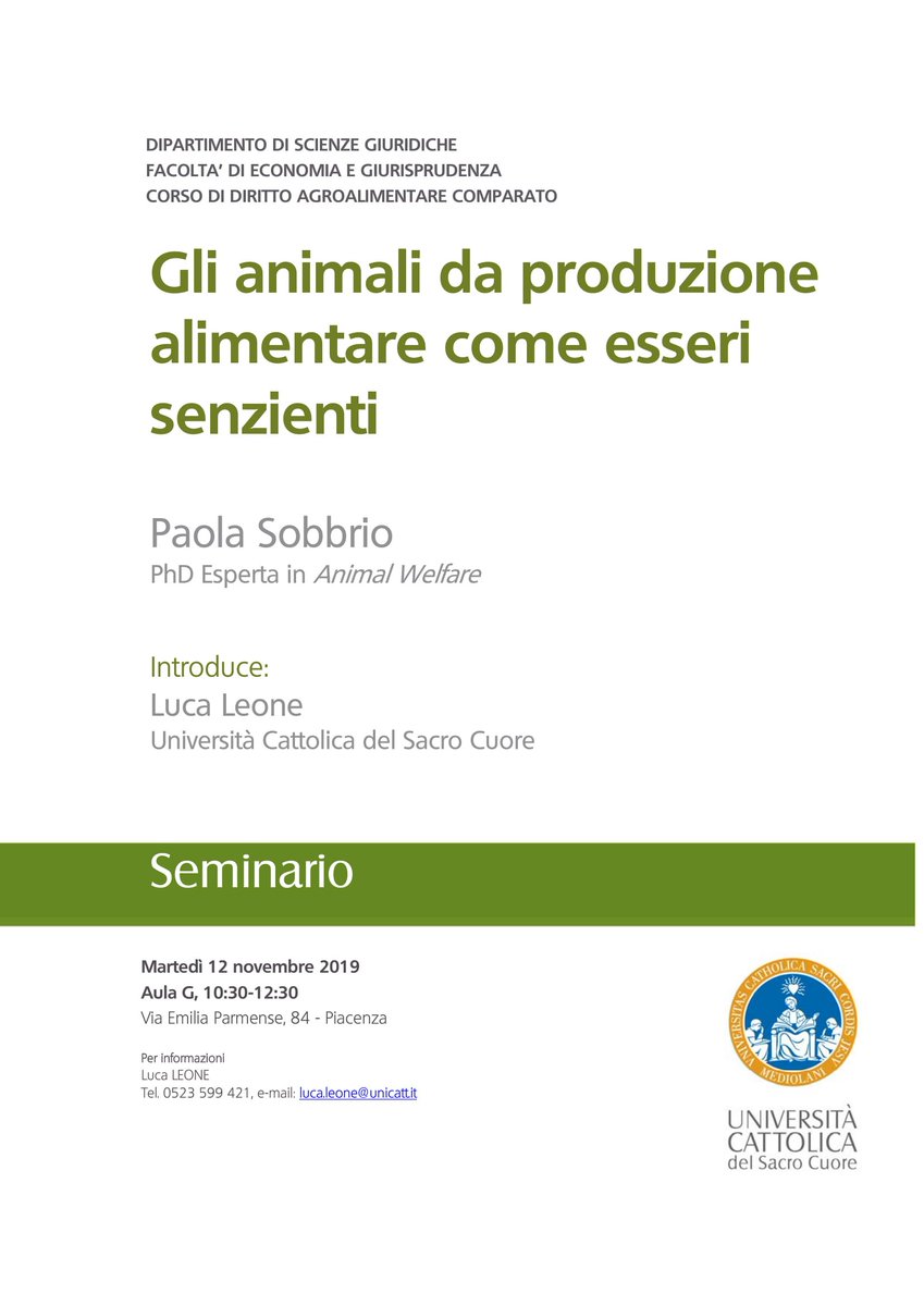 Giorno 12 terrò all'Università Cattolica del Sacro Cuore un seminario sugli animali da produzione alimentare come esseri senzienti. Il seminario è rivolto principalmente agli studenti ma è anche aperto a chiunque voglia partecipare😉