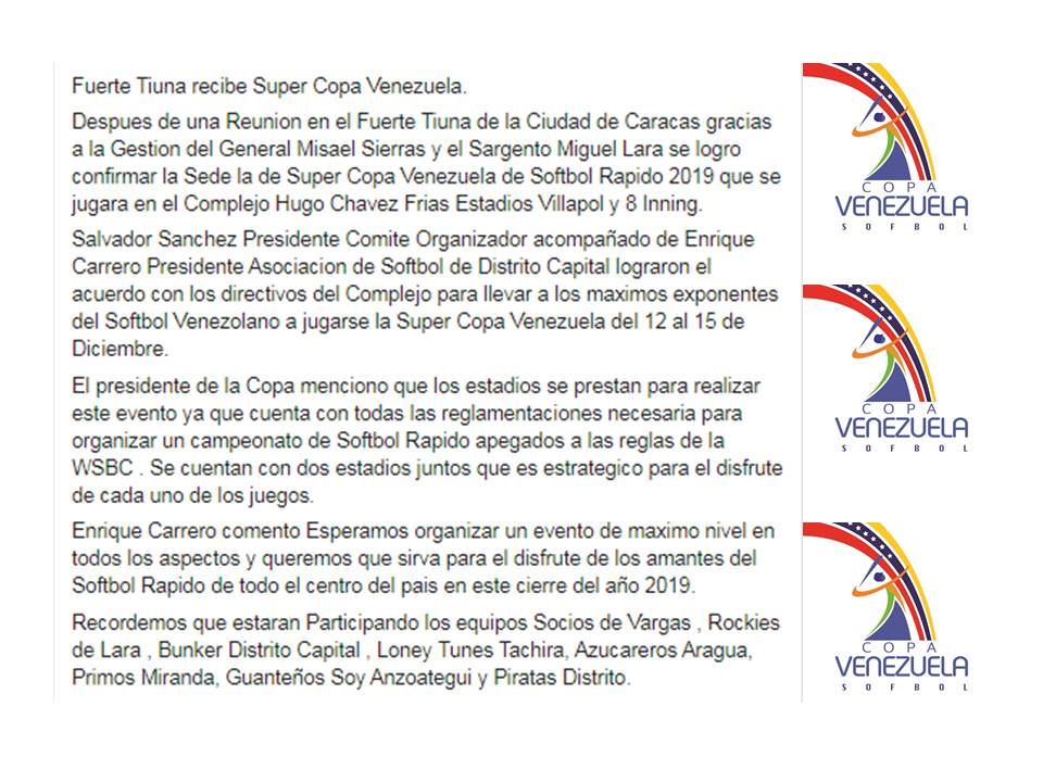 bravosdelarasbc's tweet photo. Se viene la Super Copa Venezuela de Softbol Rapido 2019.
#softbol
#Copavezuela
#Caracas https://t.co/Thc5zg5gFe