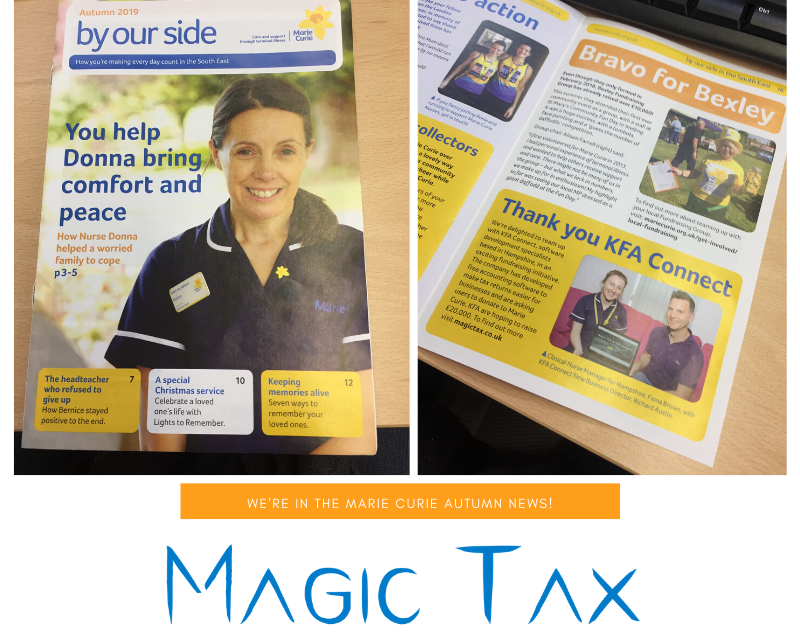 KFAConnect's tweet photo. Thanks for the mention @mariecurieuk in your Autumn News!  We are working hard to try and raise as much as possible from our FREE Making Tax Digital software solution, Magic Tax! #mtd #bridgingsoftware #hmrc #charitytuesday https://t.co/rsu2Ij3UaU https://t.co/R3JIhxIBU4