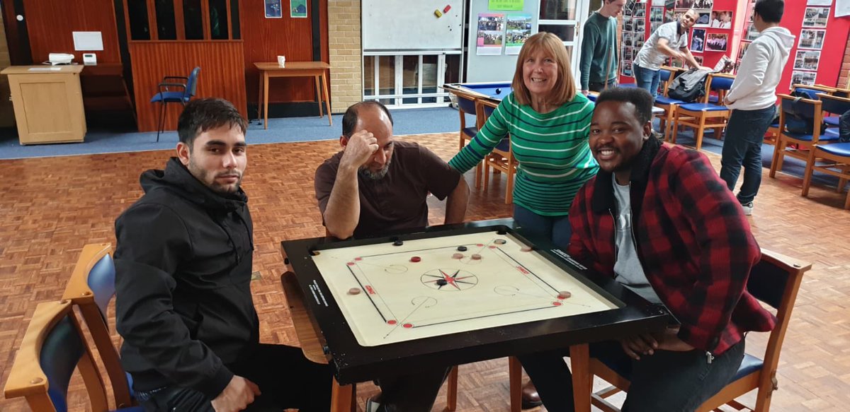imocharity's tweet photo. Great introductory session today of #carrom with the #asylum & #refugee community @WesleyHallBburn Participants engaged well discussing the history of the #carrom and enjoyed the game Thanks to @HealthierLSC innovation fund for supporting this #SuicidePrevention #ArcProject #Talk https://t.co/gyhRawr0qA