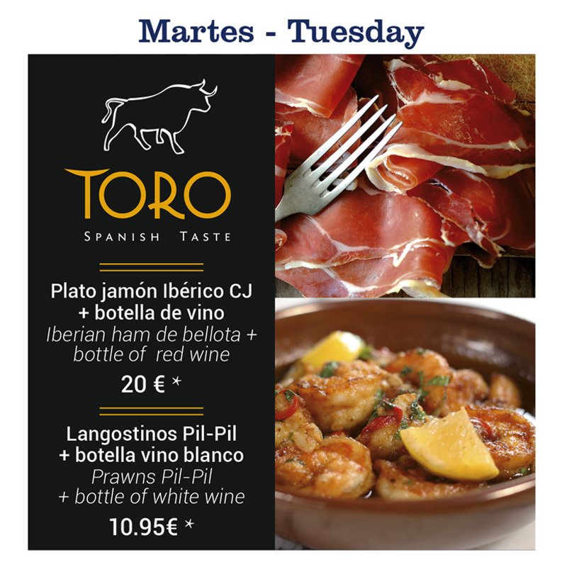 RestaurantsPM's tweet photo. #Martes  #RestauranteToro  #MadeinSpain. #Oferta #PlatodejamónIbérico #BotelladeTinto. 
 #GambasalPilPil  #BotelladeVinoBlanco.
@Restaurantes.puertomarina
#PuertoMarinaBenalmadena
Reservas +34 952 91 31 77 https://t.co/9Z0lRELkYG