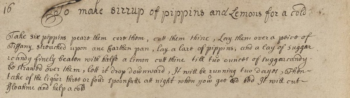 HistoryElaine's tweet photo. Another instance of #materialhealthtech - "Lay [pippins] over a peice of
Tiffany streached upon ane Earthen pan..." #EMROCtranscribes https://t.co/Q2Y5FNsxdC