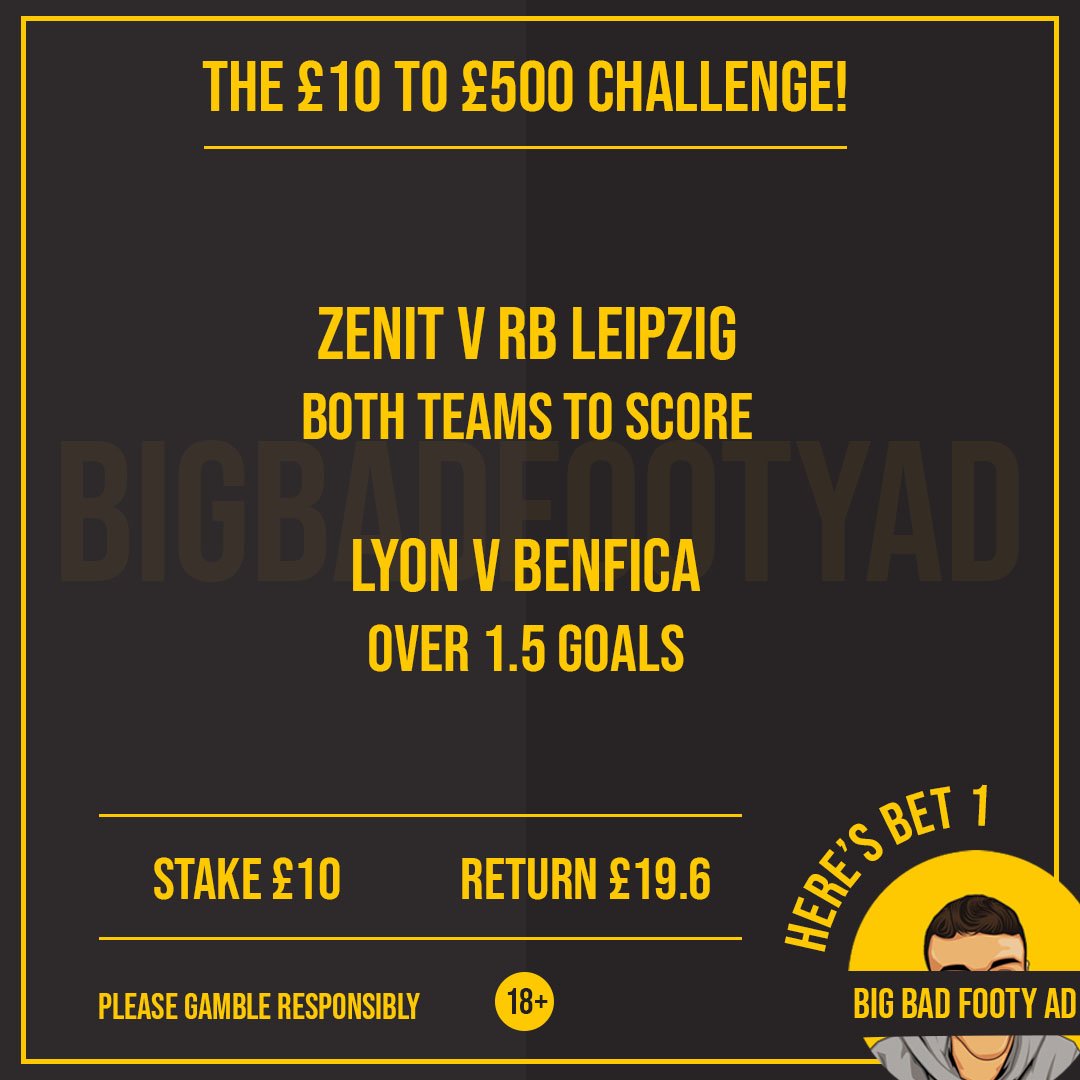 bbfaofficial's tweet photo. 1️⃣ Bet 1 of my £10 to £500 Challenge! 1️⃣

Zenit v Leipzig – BTTS! ⚽️
Lyon v Benfica – 1.5+ goals Win! ⚽

🔥 ODDS @ 1.97 | STAKE - £10 | RETURN - £19.6 🔥

Back my tip on WilliamHill with me here ⬇️
https://t.co/Km7S3rcvx9

T&amp;Cs Apply|18+|https://t.co/3BgU8O2aFB| https://t.co/W7IPrjmU2i