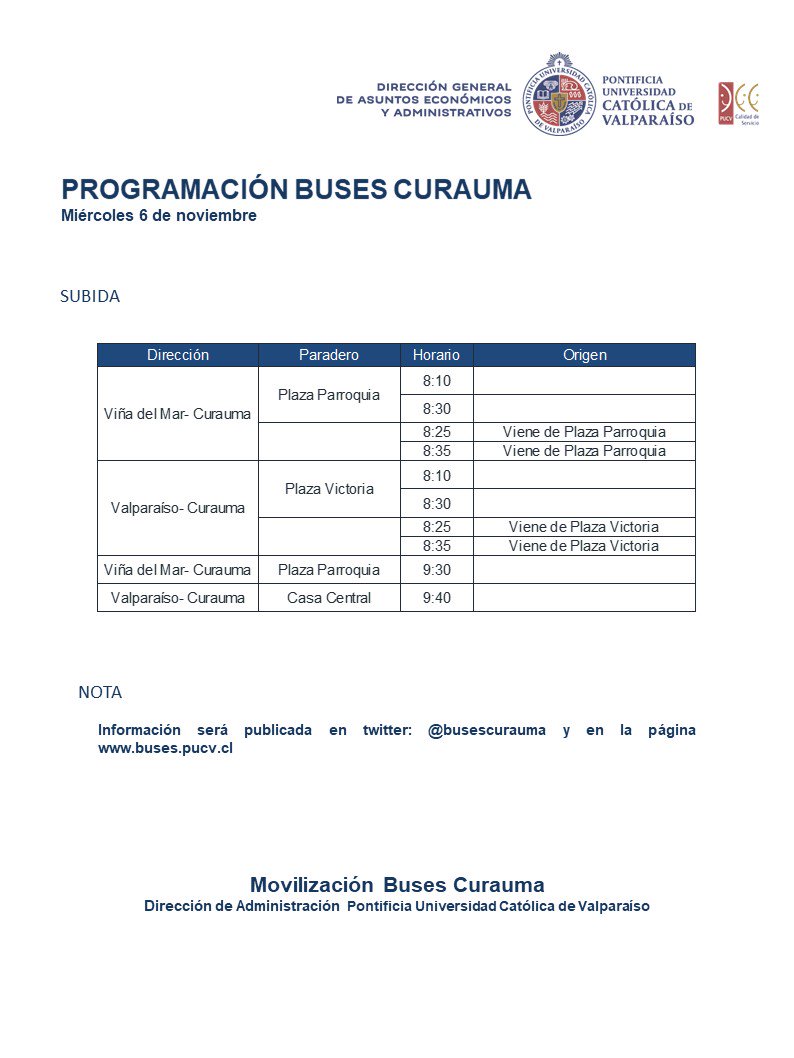 Estimados 
Se informa horario de buses de subida mañana miércoles 6 de noviembre.