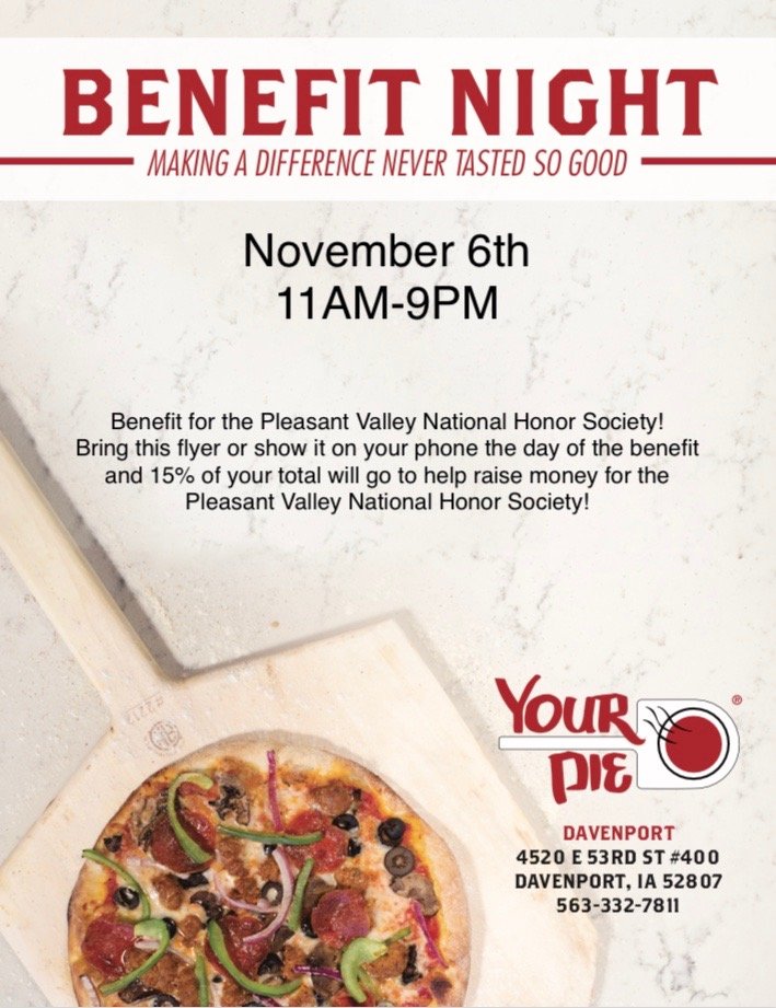 Eat at Your Pie on Wednesday, show this flyer and 15% of your total will go to the PVHS NHS. Please retweet!