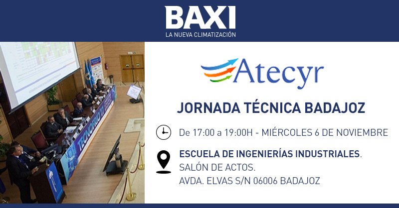 Mañana no te pierdas la Jornada técnica sobre Equipos de Aerotermia, organizada por <a href="/Atecyr/">Atecyr</a> 
Ponencia de <a href="/AlbertoJimMar/">Alberto Jiménez</a>, Jefe de departamento técnico en #BAXI
Regístrate 👉 bit.ly/2PUMJdw
🕔De 17.00 a 19.00h
📍Escuela de Ingenierías Industriales. Salón de Actos.