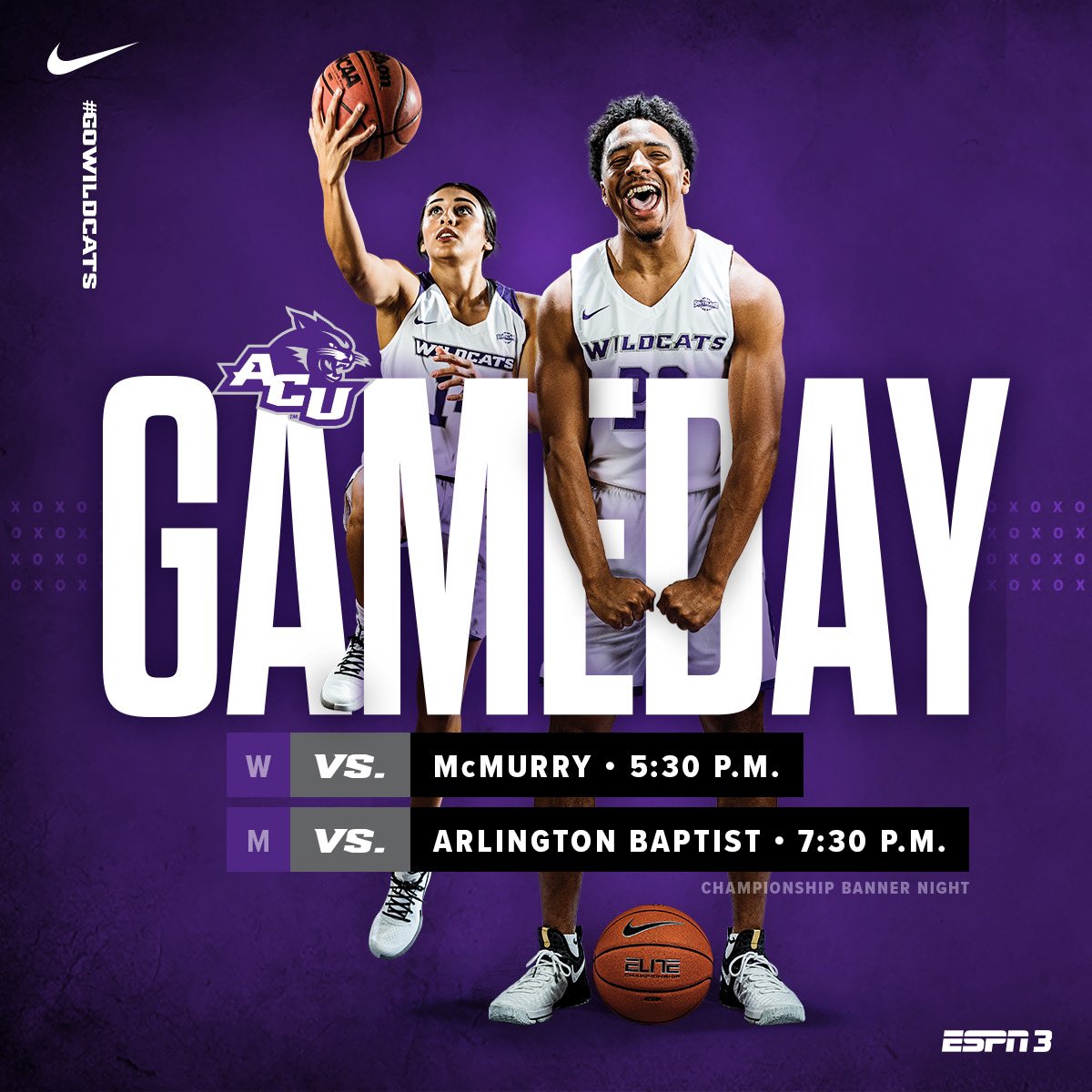 🏀 OPENING NIGHT | We raise our championship banners!

<a href="/ACUWBB/">ACU Women’s Basketball</a> 🆚 McMurry
🕠 5:30 pm
📊 bit.ly/2WIOEmS

<a href="/ACU_MBB/">ACU Men’s Basketball</a> 🆚 Arlington Baptist
🕢 7:30 pm
📊 bit.ly/2pIHOSj

📍 Abilene
🏟 Moody Coliseum
📺 ESPN3 (espn.com/watch)
📻 98.1 The Ticket

#GoWildcats