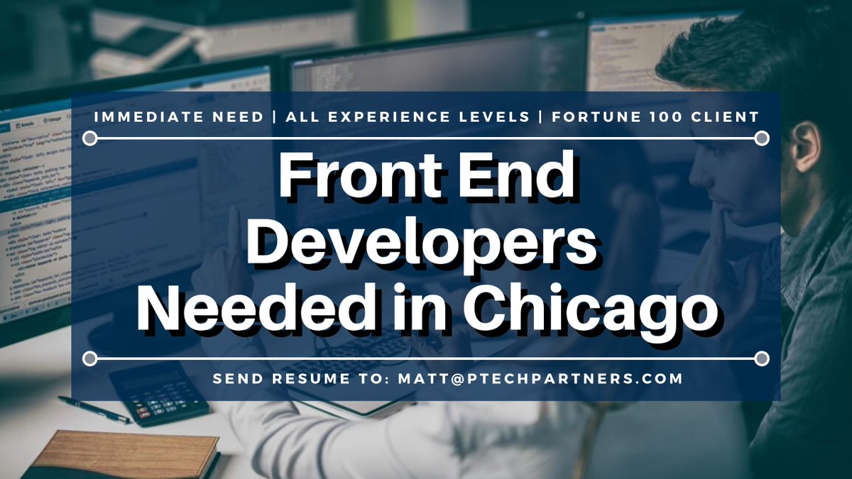 PTPChicago's tweet photo. ***Attention Front-End Developers in Chicago***
We're currently hiring MULTIPLE front-end devs for a HUGE project with a Fortune 100 company downtown!
Easy apply at https://t.co/2i5rsjQNTv
#PTPChicago
#frontenddevelopers #html #javascript #nowhiring #techjobs #techtuesday https://t.co/cBQn5CGTxW