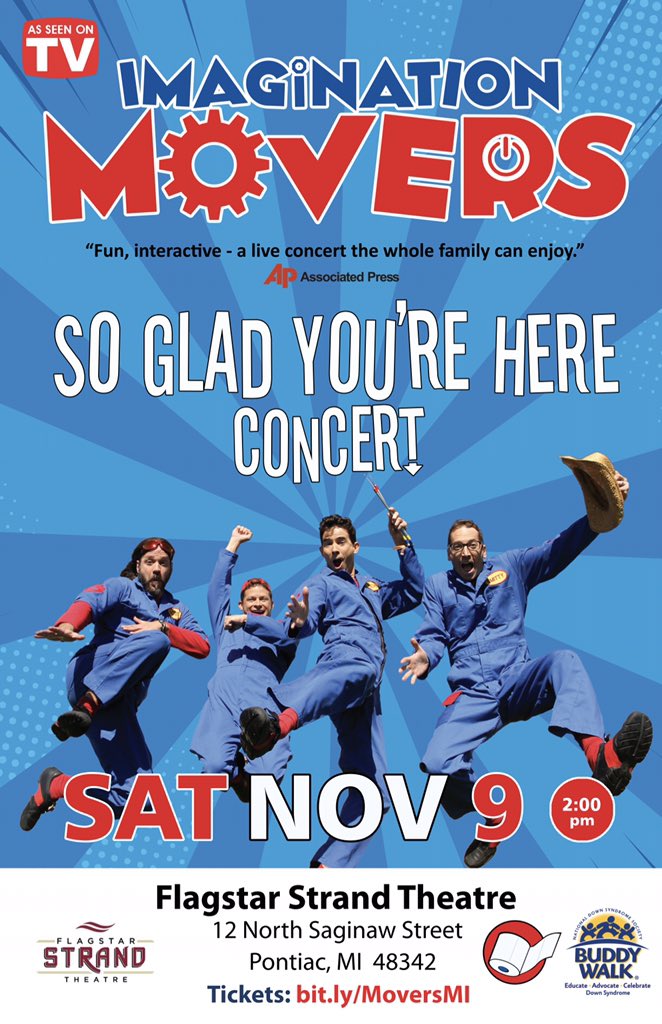 Hey, Pontiac Michigan! Saturday we’ll be playing the Flagstar Strand Theater at 2:00 pm &amp; we really, really would like to  join us. Tickets here: imaginationmovers.com/events

And the algorithms absolutely hate us, so please share. 

#pontiac #livemusic #familyfun #stupidalgorithms