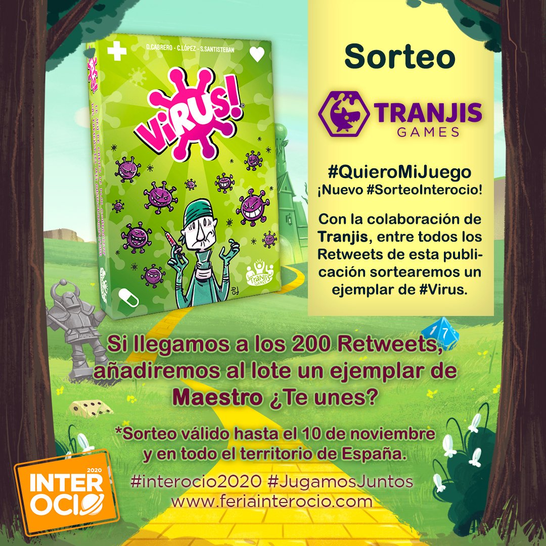 FeriaInterOcio's tweet photo. ¡ Nuevo #SorteoInterocio! 

Con la colaboración de @Tranjisgames ,entre todos los Retweets de esta publicación sortearemos un ejemplar de #Virus.

Si llegamos a los 200 Retweets, añadiremos al lote un ejemplar de #elMaestro ¿Te unes? ¡#QuieroMiJuego!

#JuegosDeMesa #Interocio2020 https://t.co/b8ZVuBYCDS