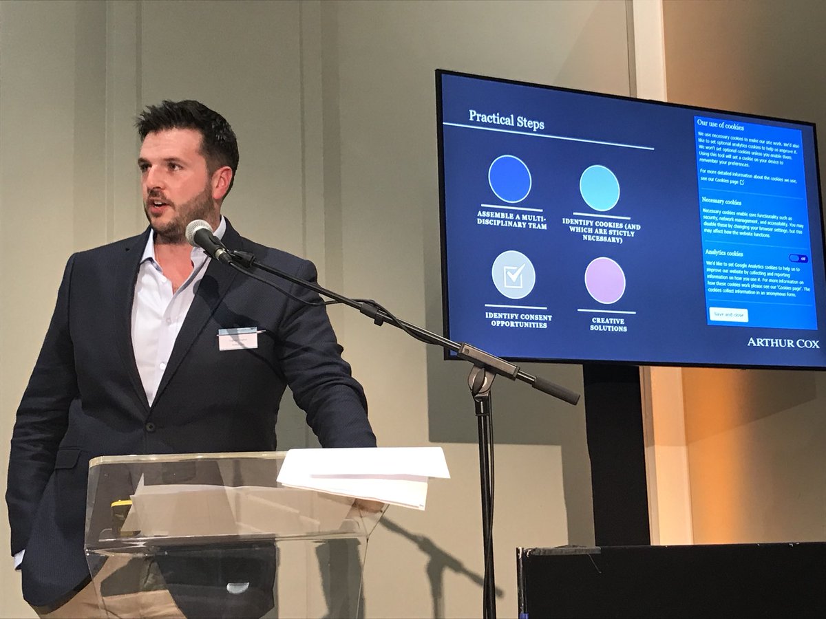 EUstaran's tweet photo. More no-nonsense advice from @ArthurCoxLaw team at #DPLF19. This time on #cookie consent. Key message: Accept that consent means consent and be creative about how to achieve it. https://t.co/5RqJaV2z2U