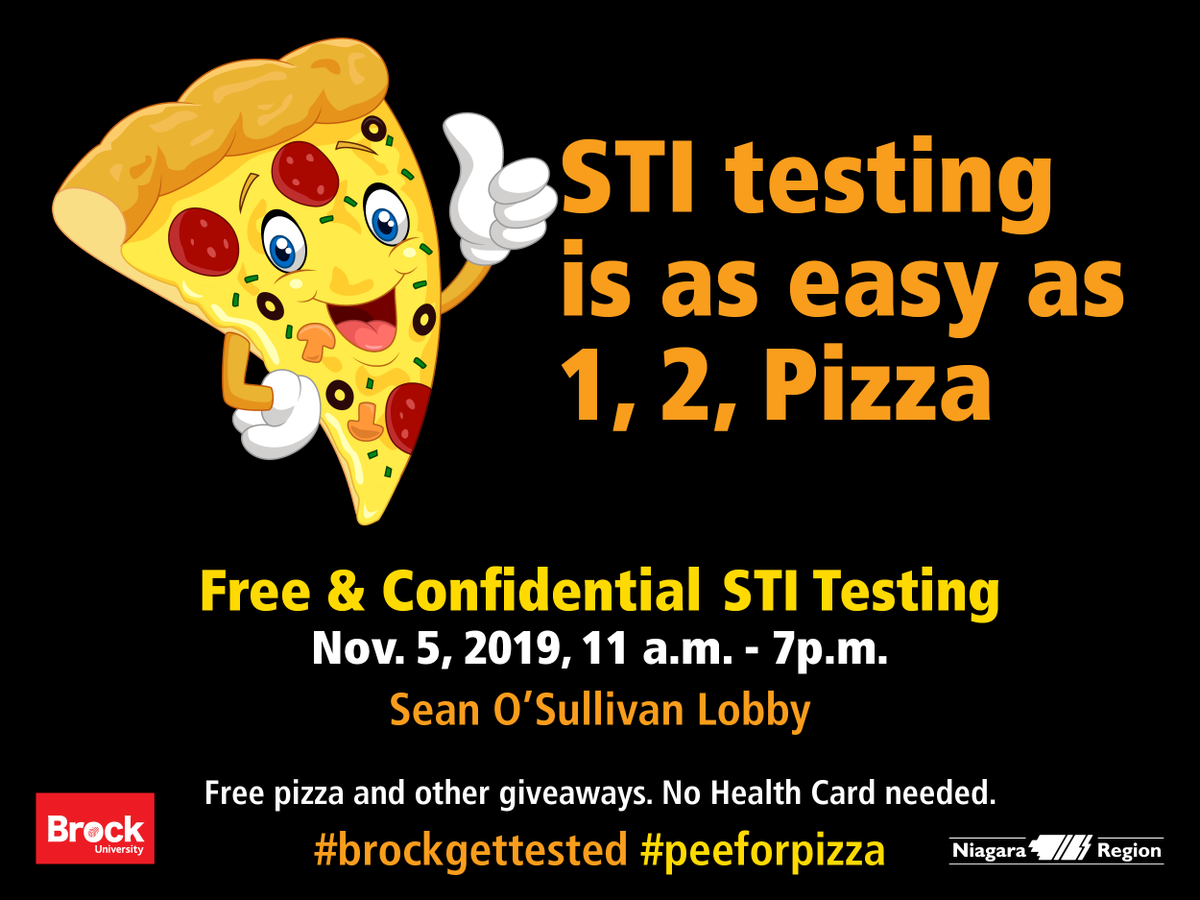 NRPublicHealth's tweet photo. ๐ฃToday's the day #BrockU friends! Join us for free & confidential STI testing from 11 a.m. - 7 p.m. For your troubles we'll give you a FREE slice of pizza! #PeeForPizza #BrockGetTested @BrockUniversity https://t.co/zL6Dbi9YEp