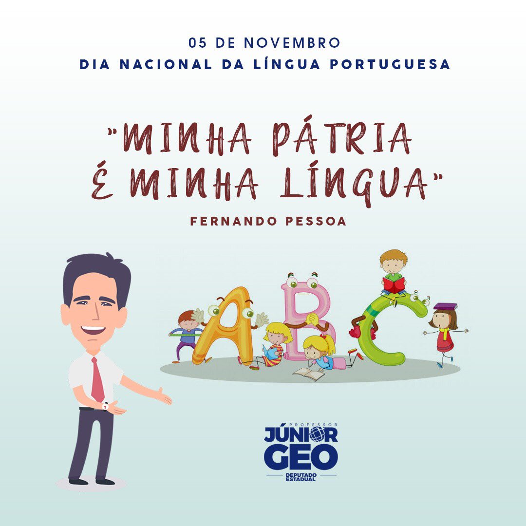 prof_juniorgeo's tweet photo. Hoje é comemorado o Dia Nacional da Língua Portuguesa o quinto idioma mais falado do mundo. A escolha desta data é uma homenagem ao escritor brasileiro Ruy Barbosa, que nasceu em 5 de novembro de 1849. #dianacionaldalinguaportuguesa #linguaportuguesa #professorjrgeo https://t.co/awvzvoMEAR