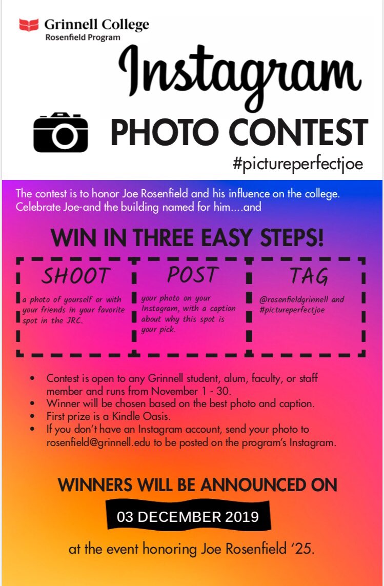 RosenfieldProg's tweet photo. Enter to win our Instagram photo contest! It’s a fun way to remember Joe Rosenfield and you could win a Kindle Oasis! All staff and students are welcome to enter 📸 https://t.co/TdmEoiuIgZ