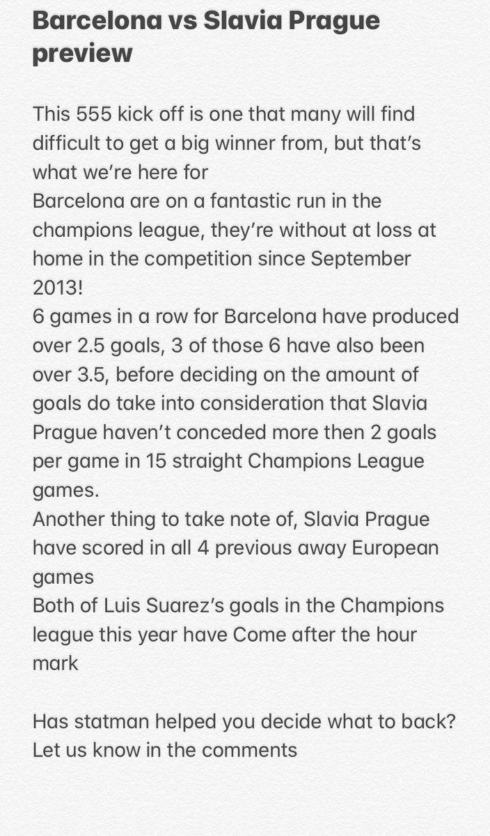 StatmanOfficial's tweet photo. Statman is starting to give previews on certain games to help you decide what to back, we start today with Barcelona vs Slavia Prague,
Let us know in the comments what you’ve backed and if we’ve helped your decision! #statmanpreviews #statmantuesdays #statsforucl https://t.co/EBoNbS9o3U
