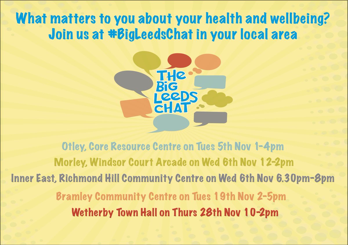 Can't make the #BigLeedsChat? Check out where the local chats are across Leeds @Parveenhwl #Otley #Morley #InnerEast #Bramley #Wetherby
contact the team to find out more 01138980035 info@healthwatchleeds.co.uk