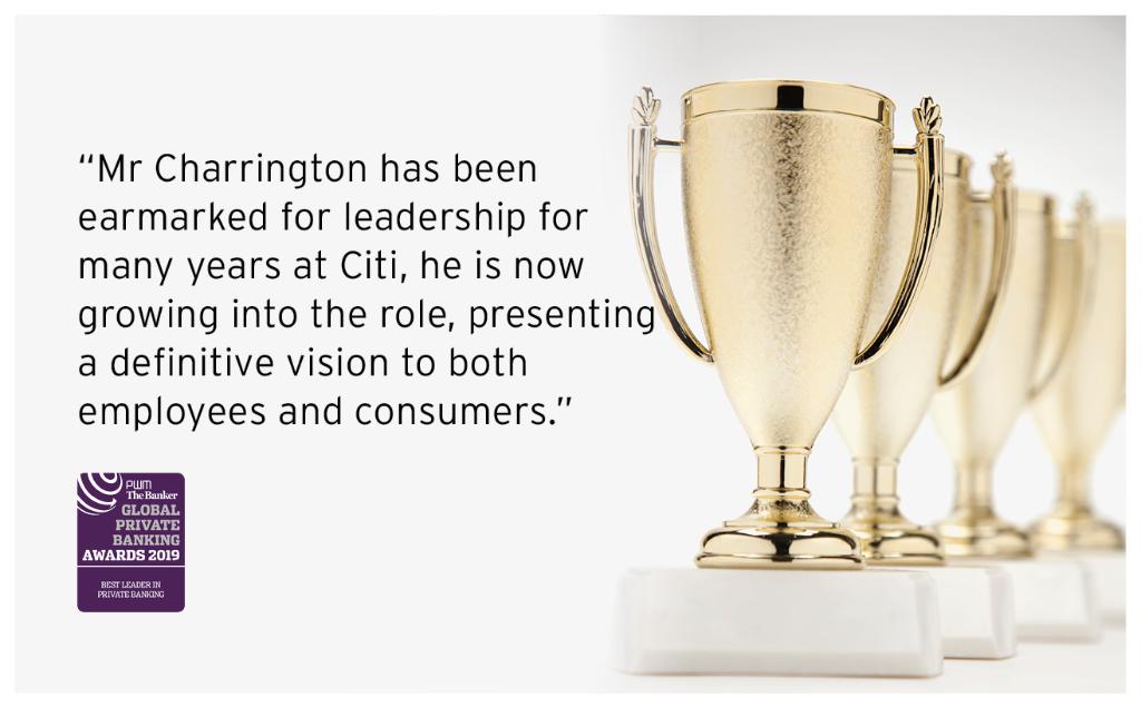 Citi's tweet photo. Congratulations to #Citi's Peter Charrington who was named Best Leader in Private Banking at @FT_PWM's 2019 Global Private Banking Awards.https://t.co/Tw2bCGjsqa https://t.co/KWTdEs7LJV