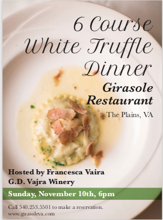 White truffles only come once a year!  Call us ASAP at 540-253-5501 for reservation.
<a href="/VAfoodie/">VAFoodie</a> <a href="/Eater_DC/">Eater DC</a> <a href="/WaPoFood/">Post Food</a> <a href="/tomsietsema/">Tom Sietsema</a> <a href="/toddkliman/">Todd Kliman</a> <a href="/HuntCountryVA/">Hunt Country</a> <a href="/MiddleburgHunt/">Middleburg Hunt</a>  
@girlmeetsfood <a href="/DCfoodiegirl/">DC Foodie Girl</a> <a href="/MyHuntCountryV1/">My Hunt Country VA</a> <a href="/visitmiddleburg/">Visit Middleburg</a> <a href="/pichetong/">pichet ong</a> @MiddleburgLife <a href="/VisitLoudoun/">Visit Loudoun</a>