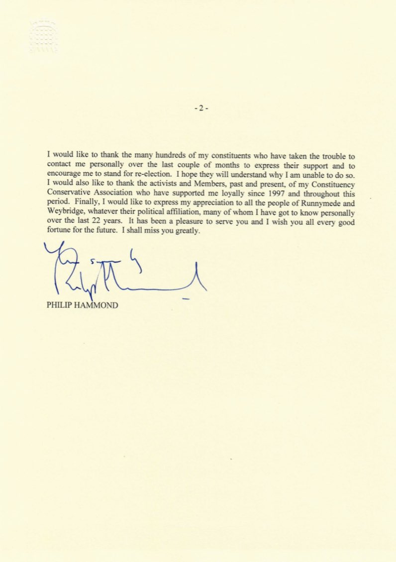 It is with great sadness that I am today announcing my decision to stand down as Member of Parliament for Runnymede & Weybridge at the forthcoming General Election. My letter to the constituents I have served for 22 years: