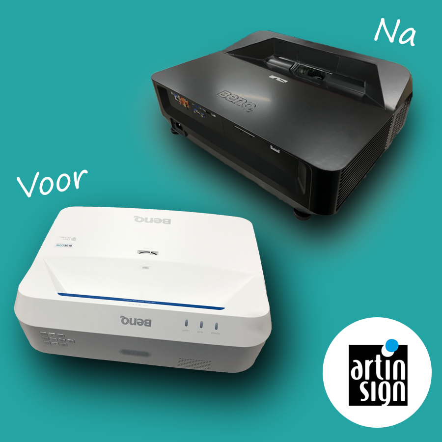 Wie zegt dat carwrapfolie alleen voor auto's gebruikt kan worden? <a href="/ArtinSign/">ArtinSign</a> ArtinSign bewijst met deze bijzondere opdracht het tegendeel. Deze projector is voorzien van een mooie, mat zwarte carwrapfolie van 3M!