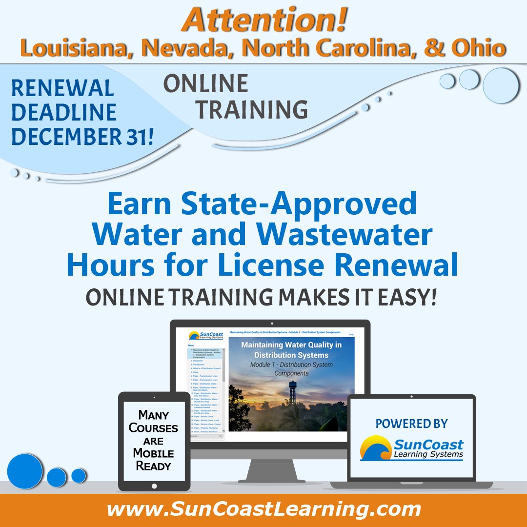 SunCoastLearnin's tweet photo. Renewal deadline is fast approaching for LA, NV, NC, and OH operators! Online training makes it easy to earn your hours. Learn more at https://t.co/BQa48Q8Yxi

@NvRWA @NCRuralWater @OhioRuralWater https://t.co/isUZgL9pwG