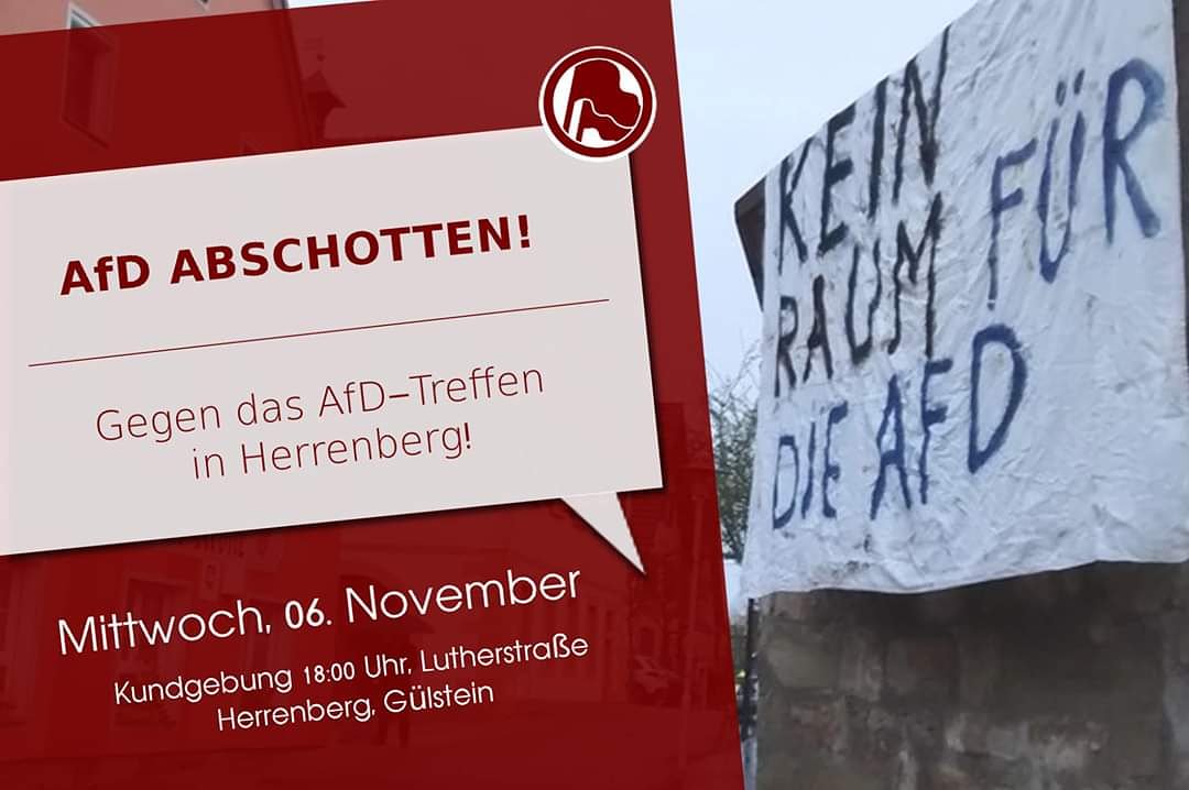 Morgen: auf die Straße gegen die #noAfD in #Herrenberg-#Gültstein und für Solidarität mit der @_Seebruecke_. Kommt alle mit!

Zugtreffpunkt in #Tübingen: 17 Uhr am Bahnhof.