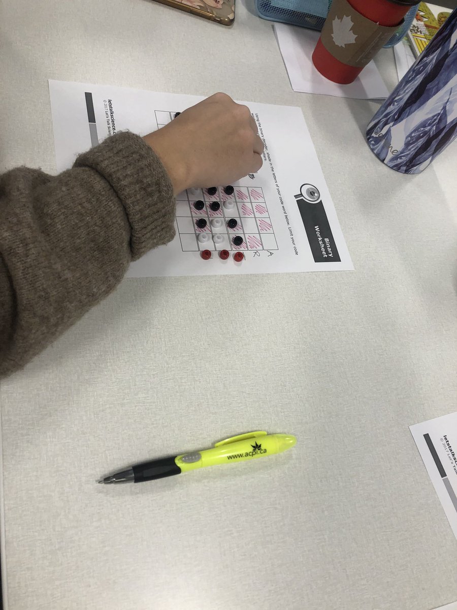 msparent1's tweet photo. Binary Decoding Activity in our PED 3111 class this morning such a great idea for students and patterning and sequencing.
@uOttawaEdu @MsCowan123 @Cowanmac @missmacdonald_j @Ms_SummerM @LetsTalkScience #cancode #DigitxLTS #Science #patterning #binarycoding https://t.co/ko0reQEJHG
