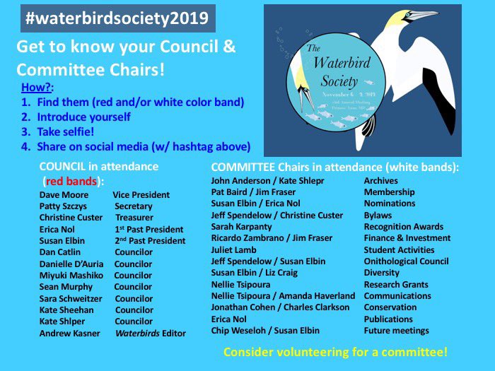 WaterbirdSociet's tweet photo. Welcome to #waterbirdsociety2019 ! See you at the Icebreaker tonight at 5pm at La Quinta. Get to know your WbS Council and Committee Chairs: A little bird told us that this was a great success for #AFOWOS2019. Say hello and post a selfie! You can win a prize. https://t.co/wRawmrbZcy
