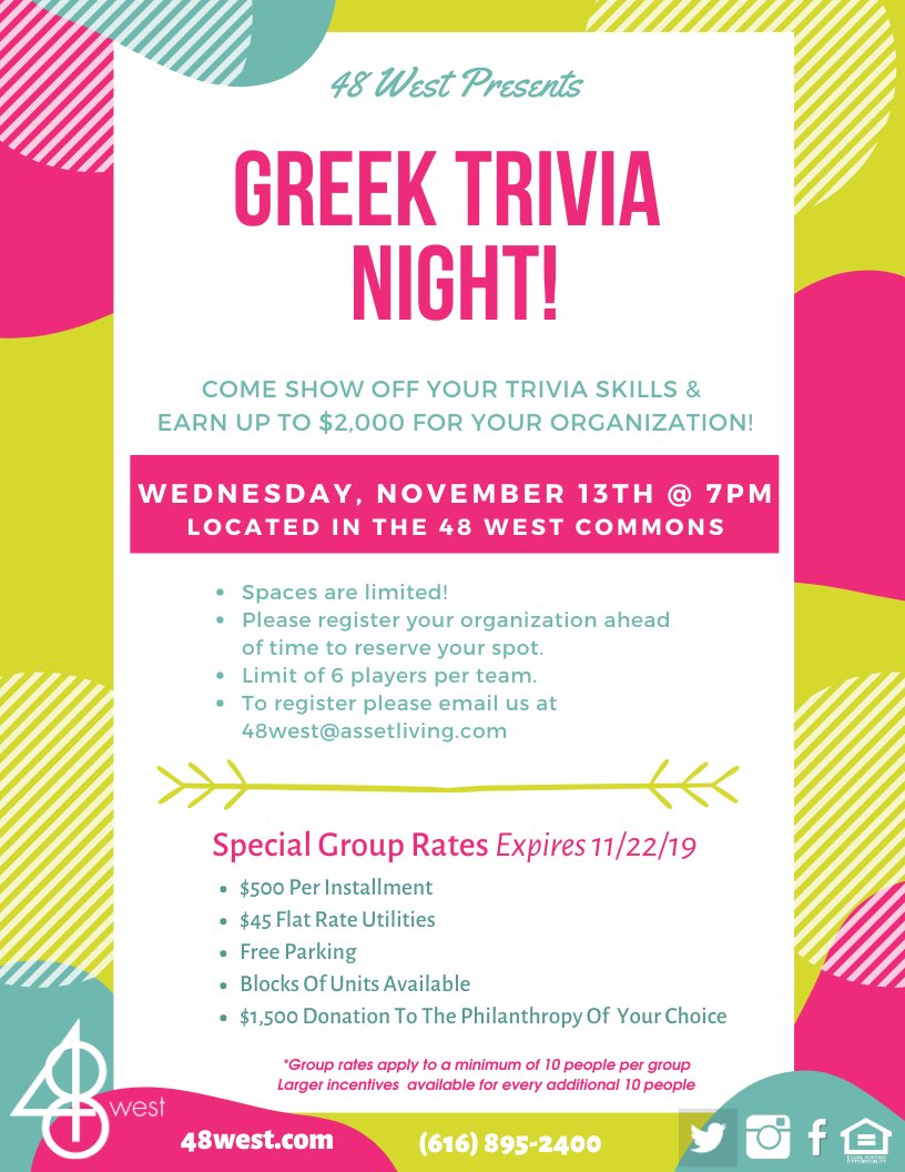 We can’t wait for Greek Trivia Night next week! Don’t forget to register sorority or fraternity by this Friday, November 8th to reserve your spot. <a href="/ASTGVSU/">ALPHA TAU</a> <a href="/aoiigvsu/">Alpha Omicron Pi</a> <a href="/asagvsu/">Alpha Sigma Alpha</a> <a href="/DGvsu/">delta gamma</a> @GammaPhiBetaGV <a href="/PhiMuGV/">Phi Mu</a> <a href="/TriSigmaGVSU/">SIGMA SIGMA SIGMA</a> <a href="/SigmaKappaGVSU/">Sigma Kappa</a> <a href="/PhiSigGVSU/">Phi Sigma Sigma</a> <a href="/GVDeeZees/">Delta Zeta GVSU</a>