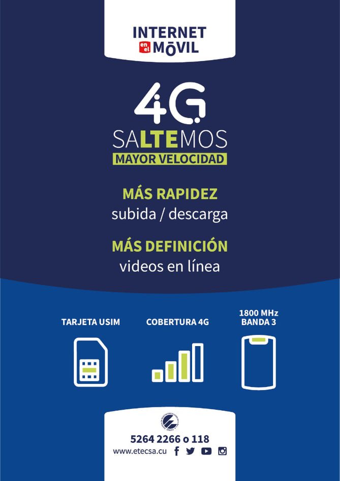 ETECSA_Cuba's tweet photo. Con la #4G/#LTE #saLTEmos a #MayorVelocidad #MásRapidéz #MásDefinición 
Recuerde, solo necesita tener una tarejeta #USIM, estar bajo #Cobertura4G y poseer un dispositivo que soporte #LTE en 1800 MHz, banda 3.
#CubaInformatiza #VamosPorMás https://t.co/KXEtnYloyg