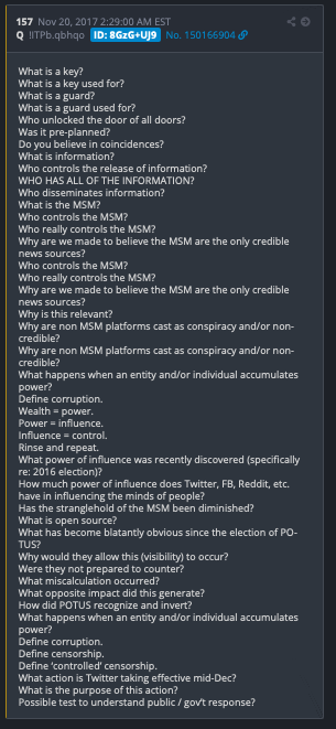 scottfreeanon's tweet photo. @SCOTUSFlix @sonorannews #Q Do you believe in coincidences?
#Q157 What is a key? What is a key used for? What is a guard? What is a guard used for? Who unlocked the door of all doors? Was it pre-planned? Do you believe in coincidences? .. https://t.co/iW4FaScXv4