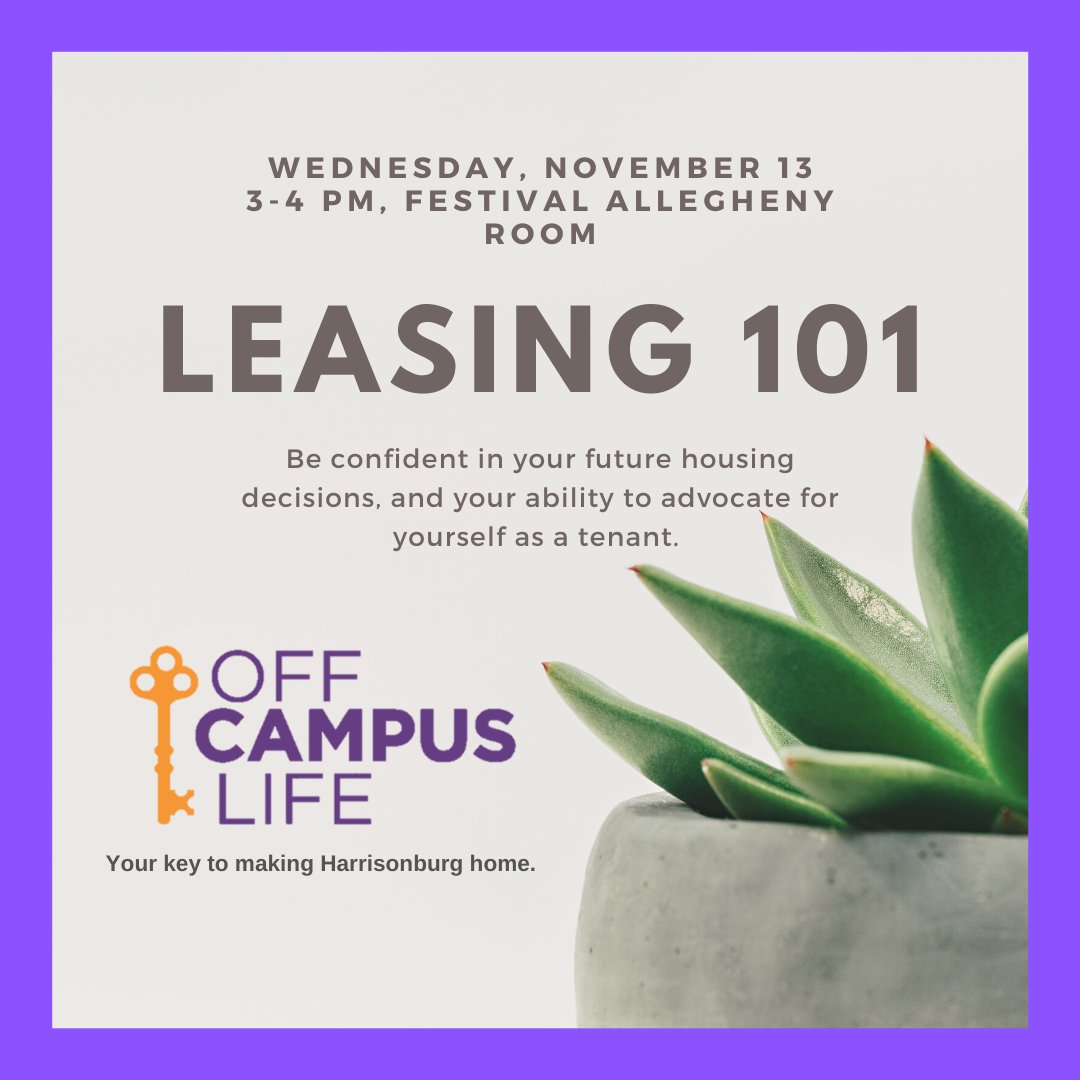 JMU_OCL's tweet photo. Got leasing questions? Wednesday November 13 is your last chance this semester to join us at our Leasing 101 workshop! Come learn what exactly a lease entails, what types of leases are out there, and which one will best suit your needs. See you there! https://t.co/5VrUQVlK5e