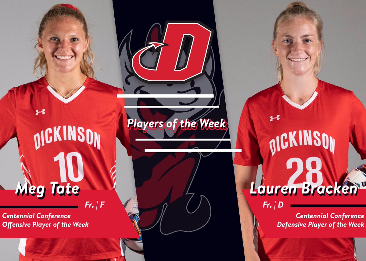 DsonRedDevils's tweet photo. The @DickinsonCol #DsonWSOC swept the weekly @CentennialConf awards as Meg Tate and Lauren Bracken were named Offensensive and Defensive Player of the Week! #AlwaysWearinTheRed #RollDevs https://t.co/Y2DuG9wvJD