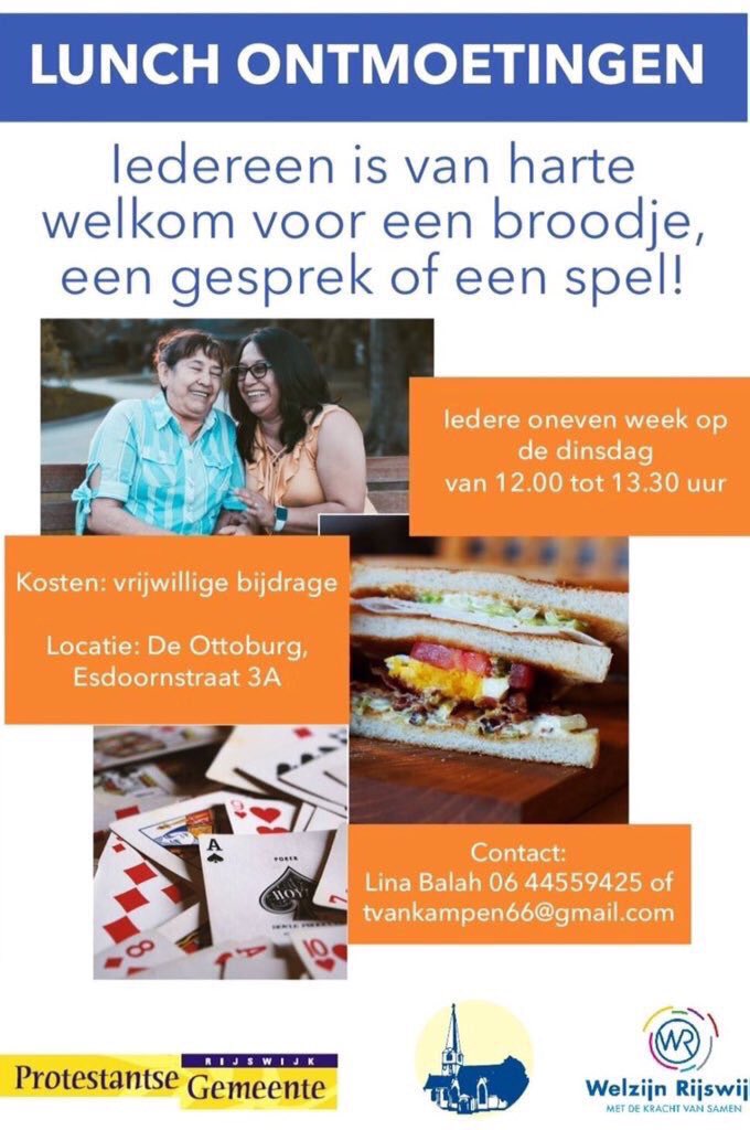 'Lunchontmoetingen in Oud-Rijswijk'
iedere onevenweek op dinsdag van 12:00 tot 13:30 uur in Welzijnsgebouw 'de Ottoburg' - Esdoornstraat 3A Rijswijk
De eerstvolgende is op dinsdag 19 november 2019