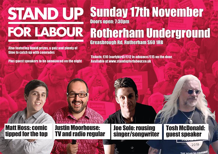 wendy_cooksey's tweet image. Thrilled that @Standup4Labour are starting their election tour in Rotherham @RothUnderground Thanks to @McDonaldTosh @joesolomusic @justinmoorhouse @MattHossComedy for supporting this event.
@rotherham_clp @RVCLP @SarahChampionMP @LabourRotherham @Soph__wilson
