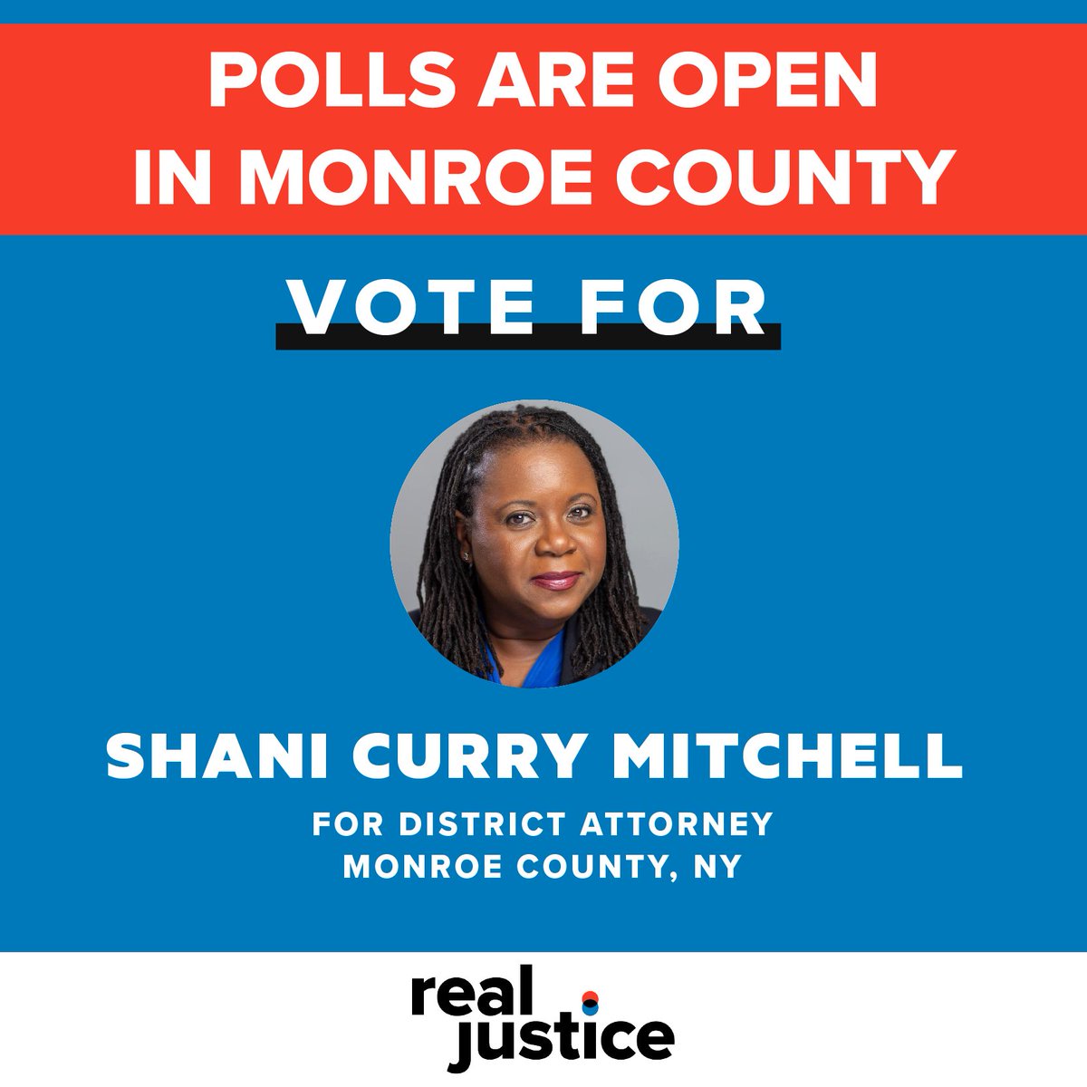 RealJusticePAC's tweet photo. MONROE COUNTY: Polls are now open! Today is a huge opportunity to transform the legal system and restore integrity and public trust in the DA office. 

Vote for @Shanic4DA before 9pm!

Find your polling place: https://t.co/sLbVnEvU9T
#ElectionDay https://t.co/8v9kzuDmPg