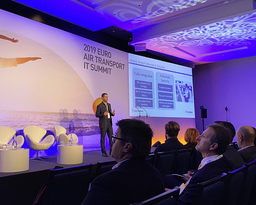 SITAonline's tweet photo. “By replacing the traditional boarding pass scanning with the biometric identity of a passenger, we create a more secure airport environment.” – @aegeanairlines’ Timos Korosis on how SITA Smart Path is helping to improve the #PaxEx at @ATH_airport. #SITAEuroITSummit #biometrics https://t.co/STrFiUxPKM